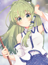 Rule 34 | 1girl, ahoge, aoi (annbi), bare shoulders, blue skirt, blurry, blurry background, blush, breasts, closed mouth, commentary request, day, detached sleeves, dutch angle, expressionless, frog hair ornament, gohei, green eyes, green hair, hair between eyes, hair ornament, hair tubes, hand in own hair, hand up, holding, holding stick, kochiya sanae, large breasts, long hair, looking at viewer, medium breasts, outdoors, shirt, sidelocks, skirt, sky, sleeveless, sleeveless shirt, snake hair ornament, solo, stick, touhou, upper body, white shirt