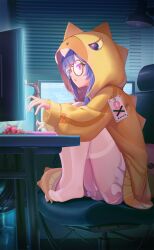 Rule 34 | absurdres, chair, crazy ones, dinosaur hood, dinosaur tail, fake tail, food, frilled shorts, frills, fruit, glasses, highres, jacket, keyboard (computer), monitor, office chair, official art, pantyhose, pink shorts, purple hair, qianye zhizi, screen light, shorts, strawberry, swivel chair, tail, white pantyhose, window blinds, yellow eyes, yellow jacket