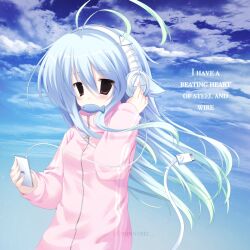 1girl 2000s_(style) animal_ears blue_hair cable cloud commentary digital_media_player english_commentary english_text fish headphones highres jacket jelly_(bonnybel) jitome light_blue_hair long_hair original pink_jacket purple_eyes sky solo tail