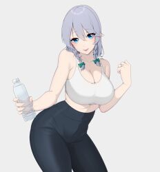 Rule 34 | 1girl, :d, absurdres, alternate costume, bare arms, bare shoulders, black pants, blue eyes, blush, bottle, bow, braid, breasts, cleavage, collarbone, commentary, cowboy shot, crop top, green bow, grey hair, hair bow, hand up, head tilt, highres, holding, holding bottle, izayoi sakuya, jewelry, large breasts, leggings, medium hair, midriff, open mouth, pants, ring, smile, solo, sports bra, sportswear, standing, thighs, touhou, twin braids, umisaki, water bottle