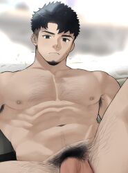 Rule 34 | 1boy, armpit hair, armpit hair peek, bara, black hair, chest hair, completely nude, cropped, unworn eyewear, facial hair, feet out of frame, flaccid, foreshortening, goatee, goburin second, hairy, highres, large pectorals, leg hair, long sideburns, looking at viewer, male focus, male pubic hair, mature male, muscular, muscular male, navel hair, nude, original, paid reward available, pectorals, pubic hair, short hair, sideburns, solo, thick eyebrows, thighs, underwear