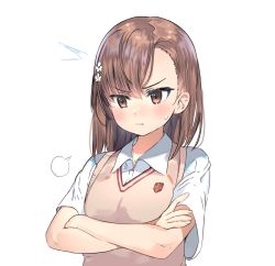 Rule 34 | 1girl, puff of air, ^^^, absurdres, blush, breasts, brown eyes, brown hair, closed mouth, collared shirt, commentary request, crossed arms, dress shirt, flower, hair ornament, hand on own arm, highres, misaka mikoto, ranf, school uniform, shirt, short hair, short sleeves, simple background, small breasts, solo, sweater vest, toaru kagaku no railgun, toaru majutsu no index, tokiwadai school uniform, upper body, v-neck, white background, white flower, white shirt