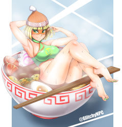 Rule 34 | 1girl, absurdres, armpits, arms (game), arms up, artist name, bare legs, barefoot, blonde hair, blue background, blunt bangs, border, breasts, closed mouth, crop top, domino mask, food, glitchynpc, green eyes, hat, highres, large breasts, legs, looking to the side, mask, min min (arms), noodles, partially submerged, ramen, short hair, smile, solo, steam, sweat, thick eyebrows, toes, white border