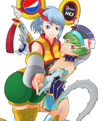 Rule 34 | 2girls, aasara, asymmetrical docking, blue hair, blue rose (tiger &amp; bunny), blue rose (tiger &amp; bunny) (cosplay), breast press, breast suppress, breasts, collar, cosplay, costume switch, dragon kid, dragon kid (cosplay), elbow gloves, fingernails over gloves, flat chest, gloves, green hair, gun, highres, huang baoling, karina lyle, lipstick, makeup, multiple girls, pointing, ponytail, short hair, shorts, thighhighs, tiger &amp; bunny, weapon