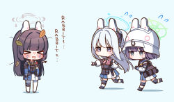 Rule 34 | &gt; &lt;, 3girls, absurdres, animal ears, aqua eyes, armband, black bow, black hair, blue archive, blue hair, blush, bow, bulletproof vest, cellphone, chibi, closed eyes, closed mouth, combat helmet, crying, dot mouth, english text, fake animal ears, flying sweatdrops, gloves, hair bow, halo, helmet, highres, holding, holding phone, hyakucha, knee pads, leaf, leaf on head, light blue hair, long hair, long sleeves, miyako (blue archive), miyu (blue archive), multiple girls, no mouth, one side up, open mouth, phone, pleated skirt, purple eyes, purple hair, rabbit ears, sailor collar, saki (blue archive), school uniform, serafuku, short hair, simple background, skirt, smartphone, standing, sweat, tactical clothes, tears, white helmet