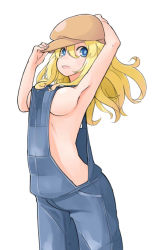 Rule 34 | 1girl, adjusting clothes, adjusting headwear, armpits, arms up, blonde hair, blue eyes, breasts, cabbie hat, hat, large breasts, long hair, nakashino setsu, naked overalls, overalls, sideboob, solo