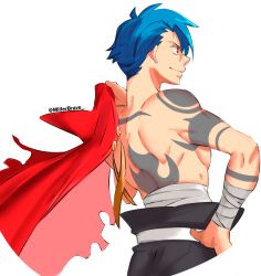 Rule 34 | 1boy, absurdres, artist name, asymmetrical bangs, back, blue hair, closed mouth, from behind, hand on own hip, highres, holding, holding clothes, holding jacket, jacket, kamina (ttgl), male focus, millerbrave, muscular, pants, red eyes, red jacket, signature, simple background, smile, solo, tattoo, tengen toppa gurren lagann, twitter username, white background