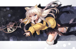 Rule 34 | 1girl, alswp5806, animal ears, arknights, black shirt, black skirt, blue eyes, blush, cat ears, commentary request, fang, hair ornament, heterochromia, highres, holding, holding staff, jacket, kneehighs, long hair, long sleeves, nightmare (arknights), no shoes, open clothes, open jacket, parted lips, pleated skirt, red eyes, sailor collar, shirt, skirt, sleeves past wrists, socks, soles, solo, staff, very long hair, white hair, white sailor collar, white socks, yellow jacket