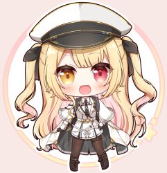 Rule 34 | 1girl, :d, black footwear, black gloves, black necktie, black ribbon, blush, boots, brown eyes, brown pantyhose, cape, chibi, chibi only, commentary request, full body, gloves, hair ribbon, hat, heterochromia, hoshikawa sara, jacket, looking at viewer, necktie, nijisanji, open mouth, pantyhose, peaked cap, pink background, pink hair, red eyes, ribbon, shirt, skirt, sleeves past wrists, smile, solo, standing, star (symbol), two-tone background, two side up, virtual youtuber, white background, white cape, white hat, white jacket, white shirt, white skirt, yukiyuki 441
