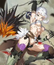 Rule 34 | 1girl, abs, arm up, armpits, ball and chain (weapon), belt, black gloves, black panties, blue ribbon, breasts, bright pupils, brown belt, chain, claw (weapon), clenched hands, closed mouth, elbow gloves, fate/grand order, fate (series), fingerless gloves, flail, fur trim, gloves, green eyes, green pupils, hair ribbon, highres, holding, holding weapon, looking at viewer, medium breasts, morning star, muscular, muscular female, navel, over-kneehighs, panties, penthesilea (fate), pretty-purin720, ribbon, short hair, showgirl skirt, sidelocks, silver hair, solo, spiked ball and chain, spikes, thighhighs, thighs, underboob, underwear, v-shaped eyebrows, weapon