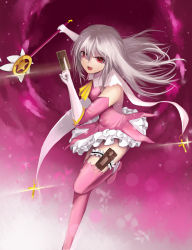 Rule 34 | 1girl, :d, absurdres, boots, cape, card, commentary request, dress, elbow gloves, fate/kaleid liner prisma illya, fate (series), gloves, hair between eyes, highres, holster, illyasviel von einzbern, kaleidostick, bridal garter, long hair, looking at viewer, magical girl, magical ruby, open mouth, pink dress, pink footwear, pink gloves, prisma illya, red eyes, silver hair, smile, solo, thigh boots, thigh holster, thighhighs, wand, white gloves