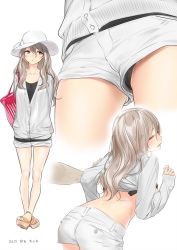 Rule 34 | 10s, 1girl, alternate costume, ama mitsuki, arms behind back, black panties, black shirt, bra, breasts, breasts out, brown eyes, closed eyes, clothes lift, commentary, dated, denim, denim shorts, from behind, from below, full body, hair between eyes, hat, jacket, kantai collection, large breasts, leaning forward, long hair, looking to the side, midriff, multiple views, open bra, panties, parted lips, pola (kancolle), shirt, short shorts, shorts, sidelocks, simple background, standing, sun hat, thighs, track jacket, unbuttoned, underwear, unfastened, upshorts, wavy hair, white background