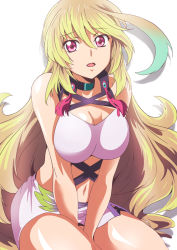 Rule 34 | 1girl, ahoge, bare shoulders, blonde hair, breasts, choker, cleavage, cowboy shot, green hair, large breasts, long hair, looking at viewer, midriff, milla maxwell, miniskirt, multicolored hair, navel, official style, open mouth, pink eyes, side slit, simple background, skirt, sleeveless, solo, tales of (series), tales of xillia, tareme, two-tone hair, v arms, very long hair, washizuka shou, white background, white skirt