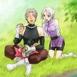 Rule 34 | 1boy, 1girl, aqua eyes, bare shoulders, belt, blue eyes, blush, boots, breasts, elbow gloves, food, gloves, grass, grey hair, ines lorenzen, isaac silver, one eye closed, open mouth, pants, short hair, shorts, tales of (series), tales of hearts, wink