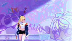 Rule 34 | 1girl, absurdres, blonde hair, breasts, cellphone, contemporary, dark skin, dark-skinned female, female focus, glasses, graffiti, highres, holding, holding phone, hololive, large breasts, navel, phone, pointy ears, red eyes, robotta, scenery, shiranui flare, smartphone, solo, virtual youtuber