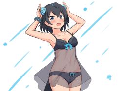 Rule 34 | 1girl, :d, absurdres, armpits, arms up, babydoll, bare shoulders, black babydoll, black hair, black panties, blue bow, blue eyes, bow, bow panties, breasts, collarbone, cowboy shot, hair between eyes, hair bow, highres, kemono friends, lingerie, looking at viewer, medium breasts, navel, open mouth, panties, scrunchie, see-through, shiraha maru, short hair, simple background, smile, solo, superb bird-of-paradise (kemono friends), tail, twitter username, underwear, white background, wrist scrunchie