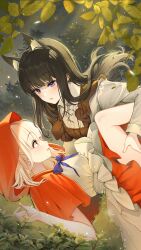 Rule 34 | 2girls, alternate costume, animal ears, apron, big bad wolf, big bad wolf (cosplay), black hair, blonde hair, blush, bow, bowtie, breasts, closed mouth, cosplay, cropped legs, eyebrows hidden by hair, falling leaves, forest, highres, holding another&#039;s leg, holding another&#039;s thighs, hood, hood up, hyeyoon 0205, inoue takina, knee up, lace-up, lace-up top, leaf, lipstick, little red riding hood, long bangs, looking at another, looking down, looking up, lycoris recoil, lying, makeup, medium breasts, multiple girls, nail polish, nature, nishikigi chisato, on back, parted lips, pink lips, purple eyes, red eyes, small breasts, thighs, tree, wolf, wolf ears, wolf girl
