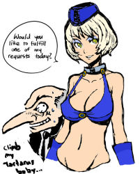 Rule 34 | 1boy, 1girl, atlus, bikini, bikini top only, blush, breasts, cleavage, elizabeth (persona), english text, groin, hat, igor (persona), long nose, monochrome, non-web source, parted lips, persona, persona 3, sketch, smile, spot color, strap gap, sweat, swimsuit, yellow eyes