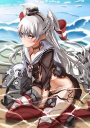 Rule 34 | 10s, 1girl, amatsukaze (kancolle), blush, brown eyes, dress, hairband, kantai collection, long hair, panties, partially submerged, rensouhou-kun, sailor dress, silver hair, solo, torn clothes, tsuuhan, two side up, underwear, water