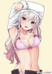 Rule 34 | 1girl, :p, armpits, arms up, beige background, blush, bow, bow bra, bra, breasts, cleavage, highres, lin oekaki, long hair, looking at viewer, multicolored hair, navel, original, panties, pink bra, pink hair, pink panties, purple eyes, silver hair, simple background, smile, solo, tongue, tongue out, two-tone hair, underwear, undressing, yellow background