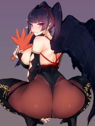 Rule 34 | 1girl, alternate costume, ass, bare shoulders, black hair, black pantyhose, black wings, blush, boots, breasts, bridal gauntlets, dead or alive, dead or alive 5, detached sleeves, hand fan, hat, high heel boots, high heels, huge ass, inayama, large breasts, leotard, long hair, looking at viewer, looking back, mole, mole under mouth, nyotengu, pantyhose, purple eyes, sideboob, simple background, sketch, smile, solo, squatting, tengu, thigh boots, thighhighs, thighs, thong, thong leotard, tokin hat, twintails, wide hips, wings