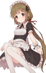 Rule 34 | 1girl, apron, black dress, black ribbon, blunt bangs, blush, bow, brown eyes, brown hair, closed mouth, detached collar, dress, frilled dress, frills, hair bow, hair ribbon, highres, idolmaster, idolmaster cinderella girls, idolmaster cinderella girls starlight stage, invisible chair, long hair, looking at viewer, maid headdress, neck ribbon, ponytail, red bow, ribbon, scrunchie, shone, short sleeves, simple background, sitting, smile, solo, thighhighs, very long hair, waist bow, white apron, white background, white thighhighs, yorita yoshino