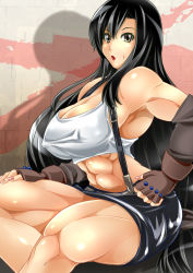 Rule 34 | 1990s (style), 1girl, abs, alop-net, bare shoulders, black hair, breasts, brown eyes, covered erect nipples, female focus, final fantasy, final fantasy vii, fingerless gloves, gloves, highres, large breasts, long hair, macto, muscular, sitting, solo, suspenders, sweat, tank top, tifa lockhart, very long hair