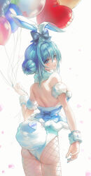 Rule 34 | 1girl, animal ears, ass, balloon, bare shoulders, bicute bunnies miku, blue bow, blue eyes, blue hair, bow, breasts, character name, commentary, cowboy shot, double bun, ear bow, fake animal ears, fake tail, fishnet pantyhose, fishnets, from behind, grey background, hair bun, hatsune miku, heart balloon, highres, holding, holding balloon, leotard, looking at viewer, looking back, medium breasts, pantyhose, parted lips, petals, playboy bunny, rabbit ears, rabbit tail, sidelocks, simple background, solo, standing, symbol-only commentary, tail, tied ears, vocaloid, white leotard, wrist cuffs, yon (tellmedoor)