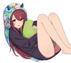 Rule 34 | 1girl, blush, brown hair, commentary, hair between eyes, highres, holding, holding stuffed toy, hood, hoodie, idolmaster, idolmaster shiny colors, long hair, long sleeves, looking at viewer, lying, no pants, on back, open mouth, osaki tenka, sleeves past wrists, smile, solo, stuffed animal, stuffed toy, sweater, white background, yahiro (epicopeiidae), yellow eyes
