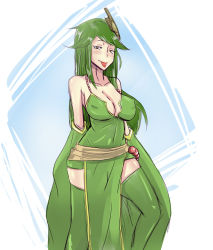 Rule 34 | 1girl, :p, bad id, bad pixiv id, breasts, cleavage, detached sleeves, dress, grandmastag, green eyes, green hair, green thighhighs, hair ornament, highres, large breasts, lily (mon-musu quest!), long hair, looking at viewer, matching hair/eyes, mon-musu quest!, solo, thighhighs, tongue, tongue out, zettai ryouiki