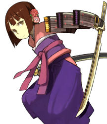 Rule 34 | 1girl, angry, armor, atlus, blunt bangs, bob cut, brown eyes, brown hair, bushidou (sekaiju), etrian odyssey, fighting stance, flat chest, flower, frown, gloves, hair flower, hair ornament, hakama, hakama skirt, holding, japanese armor, japanese clothes, kimono, leaning forward, left-handed, looking at viewer, looking back, obi, profile, sash, sheath, short hair, shoulder armor, simple background, skirt, sode, solo, standing, sword, weapon, white background, yu 65026