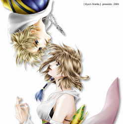 Rule 34 | 00s, 1boy, 1girl, bare shoulders, blonde hair, blue eyes, brown hair, couple, detached sleeves, final fantasy, final fantasy x, jewelry, looking down, looking up, lowres, necklace, ryu (ryu&#039;s form site), short hair, tidus, yuna