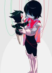 Rule 34 | 1boy, 1other, :|, absurdres, androgynous, antenna hair, armor, black bodysuit, black hair, blush stickers, bodysuit, bodysuit under clothes, breastplate, cape, carrying, carrying person, cel shading, closed mouth, colored skin, commentary, covered eyes, deltarune, entangled, expressionless, feet out of frame, from above, gauntlets, greaves, grey background, grey skin, highres, kris (deltarune), long nose, mini person, miniboy, open mouth, other focus, outstretched arms, pauldrons, pink cape, shaded face, short hair, shoulder armor, signature, simple background, size difference, sonokare, spamton g. spamton, spread arms, standing, string, sunglasses