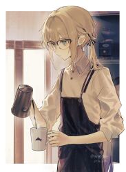Rule 34 | 1boy, apron, bespectacled, black apron, blonde hair, blue eyes, captain nemo (fate), closed mouth, coffee grinder, coffee pot, collared shirt, cup, dated, fate/grand order, fate (series), glasses, gradient hair, hair ribbon, highres, holding, holding cup, long hair, male focus, mug, multicolored hair, nemo (fate), pouring, ribbon, sherry 0014, shirt, solo, steam, trap, twintails, twitter username, very long hair, white shirt