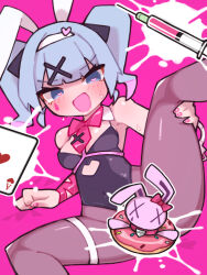 Rule 34 | 1girl, :d, ace (playing card), ace of hearts, animal ears, bare shoulders, black leotard, black pantyhose, black ribbon, blue eyes, blue hair, blunt bangs, blush, bow, bowtie, card, clothing aside, clothing cutout, cutout above navel, detached collar, fake animal ears, hair ornament, hair ribbon, hairclip, hatsune miku, heart, heart-shaped pupils, heart cutout, highleg, highleg leotard, highres, leotard, leotard aside, multicolored hair, nail polish, necktie, open mouth, pantyhose, pink background, pink bow, pink bowtie, pink hair, pink necktie, pink ribbon, playboy bunny, playing card, rabbit ears, rabbit hole (vocaloid), ribbon, simple background, smile, solo, spaghetti strap, spread legs, streaked hair, suggestive fluid, suiran (suiran2822), symbol-shaped pupils, syringe, teardrop facial mark, twintails, two-tone hair, vocaloid, x hair ornament
