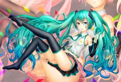 Rule 34 | 1girl, aki99, aqua eyes, aqua hair, bare shoulders, black thighhighs, blue hair, detached sleeves, feet, gradient hair, hand in own hair, hatsune miku, highres, holding, holding own hair, long hair, looking at viewer, midriff, multicolored hair, navel, necktie, no shoes, panties, pink hair, revision, sitting, solo, striped clothes, striped panties, thighhighs, toe-point, twintails, underwear, very long hair, vocaloid, zoom layer