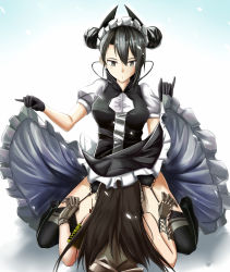 Rule 34 | 2girls, agent (girls&#039; frontline), black hair, clothes lift, commentary request, double bun, garter belt, garter straps, girls&#039; frontline, gloves, highres, implied cunnilingus, m4a1 (girls&#039; frontline), mag (mag42), maid, maid headdress, multiple girls, personification, skirt, skirt lift, squatting, thighhighs, yuri