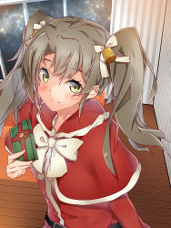 Rule 34 | 1girl, absurdres, alternate costume, bell, blush, box, capelet, christmas, commentary, gift, gift box, green hair, hair bell, hair between eyes, hair ornament, hair ribbon, halkawa501, hand up, highres, holding, holding box, holding gift, jingle bell, kantai collection, long hair, looking at viewer, neck ribbon, ribbon, santa costume, sky, smile, solo, star (sky), starry sky, twintails, wooden floor, yellow eyes, zuikaku (kancolle)