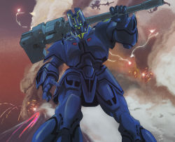 Rule 34 | absurdres, cannon, dated, eruption, giant gorg, gorg, highres, kujira gunsou, looking down, mecha, lava, no humans, over shoulder, robot, signature, smoke, volcano, weapon, weapon over shoulder