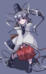 Rule 34 | 1girl, ahodemoaru, black ribbon, blush, closed mouth, commentary request, detached sleeves, frilled skirt, frills, full body, gas can, grey background, grey eyes, grey footwear, grey hair, grey hat, grey skirt, hair between eyes, hat, high ponytail, highres, japanese clothes, kariginu, long hair, long sleeves, looking at viewer, medium bangs, mononobe no futo, neck ribbon, one-hour drawing challenge, pom pom (clothes), ponytail, ribbon, ribbon-trimmed sleeves, ribbon trim, skirt, smile, solo, standing, tate eboshi, touhou, walking, wavy mouth, white sleeves, wide sleeves