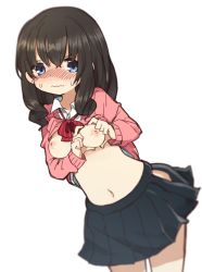 Rule 34 | 1girl, black skirt, blurry, blush, bow, bowtie, breasts, closed mouth, commentary, cowboy shot, dress shirt, frown, heart, heart-shaped boob challenge, heart hands, highres, leaning forward, long sleeves, looking at viewer, medium breasts, medium hair, miniskirt, navel, nipples, open clothes, open skirt, original, pan koujou, pink sweater, pleated skirt, red bow, red bowtie, school uniform, shirt, short hair, simple background, skirt, solo, standing, sweatdrop, sweater, wavy hair, white background, white shirt