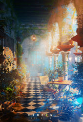 Rule 34 | absurdres, arch, chair, checkered floor, commentary, dated, day, english commentary, english text, flower pot, garden, highres, lantern, light, light rays, no humans, original, pillar, plant, rei (lappy mofumofu), scenery, sunlight, table, vase