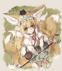 Rule 34 | 1girl, animal ear fluff, animal ears, arknights, bag, blonde hair, brown bag, cardigan, closed mouth, commentary, creature on head, cross-laced clothes, cross-laced skirt, cross-laced slit, crossover, fox ears, fox girl, fox tail, frilled hairband, frills, green eyes, green hairband, green skirt, hair ornament, hairband, handbag, heixiu, highres, holding, holding staff, kitsune, kyuubi, long sleeves, looking at viewer, luo xiaohei zhanji, mashiro (mashilolicon), multicolored hair, multiple tails, neck ribbon, official alternate costume, open cardigan, open clothes, red ribbon, ribbon, round bag, shirt, shoulder bag, skirt, smile, solo, staff, suzuran (arknights), suzuran (spring praise) (arknights), tail, two-tone hair, white cardigan, white hair, white shirt