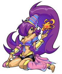 Rule 34 | 1girl, anklet, bare shoulders, barefoot, blue eyes, blush stickers, breasts, cleavage, cosplay, crossover, dark-skinned female, dark magician girl, dark magician girl (cosplay), dark skin, detached leggings, duel monster, earrings, fire, hair over one eye, hair tubes, hallowgazer, highres, jewelry, large breasts, long hair, lots of jewelry, magic, pointy ears, purple hair, shantae, shantae (series), shorts, showgirl skirt, sitting, solo, toes, transparent background, vambraces, very long hair, wariza, yu-gi-oh!, yu-gi-oh! duel monsters
