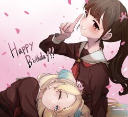 2girls animification blonde_hair blue_eyes blue_hair blush brown_dress brown_eyes brown_hair closed_mouth commentary_request dress fang fang_out feigning_sleep finger_to_mouth flower gradient_background gradient_hair grin hair_flower hair_ornament half-closed_eye happy_birthday hasu_no_sora_school_uniform highres index_finger_raised jin_(oihlf) kan_kanna lap_pillow light_blue_hair link!_like!_love_live! long_hair long_sleeves looking_at_viewer love_live! multicolored_hair multiple_girls neckerchief one_eye_closed osawa_rurino parted_bangs pink_background pink_flower real_life red_neckerchief sailor_collar sailor_dress school_uniform shushing sidelocks skin_fang smile twintails virtual_youtuber voice_actor voice_actor_connection white_sailor_collar winter_uniform