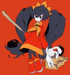 Rule 34 | absurdres, ascot, ashley (warioware), black hair, broom, hair ornament, higa423, highres, long hair, necklace, nintendo, pantyhose, red background, skull necklace, stuffed animal, stuffed rabbit, stuffed toy, twintails, warioware, witch