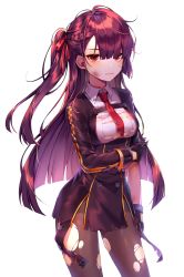 Rule 34 | 1girl, absurdres, bad id, bad twitter id, black pantyhose, black skirt, blazer, bleeding, blood, blush, braid, breasts, bruise, buttons, closed mouth, collared shirt, cowboy shot, damaged, double-breasted, french braid, girls&#039; frontline, gloves, ha youn, hair ribbon, half updo, high-waist skirt, highres, holding own arm, injury, jacket, large breasts, long hair, looking at viewer, necktie, one side up, pantyhose, pelvic curtain, purple hair, red eyes, red necktie, red ribbon, ribbon, shirt, sidelocks, simple background, skirt, solo, strap, thighband pantyhose, torn clothes, tsurime, very long hair, wa2000 (girls&#039; frontline), white background, white shirt