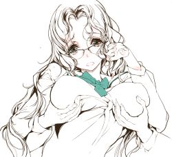 Rule 34 | 1girl, bow, grabbing another&#039;s breast, breasts, endou okito, glasses, grabbing, green eyes, groping, large breasts, long hair, monochrome, nipples, open mouth, school uniform, simple background, solo focus, wavy hair