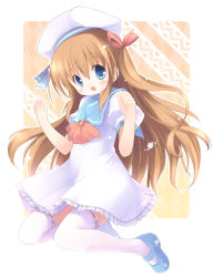 Rule 34 | 1girl, :d, beret, blue eyes, blush, brown hair, dress, emurin, frills, happy, hat, long hair, mary janes, open mouth, original, sailor dress, shoes, smile, solo, thighhighs, white thighhighs