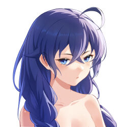 Rule 34 | 1girl, ahoge, blue eyes, blue hair, braid, breasts, commentary, crossed bangs, lis zhu long, long hair, looking at viewer, mushoku tensei, nude, roxy migurdia, simple background, small breasts, solo, twin braids, upper body, white background